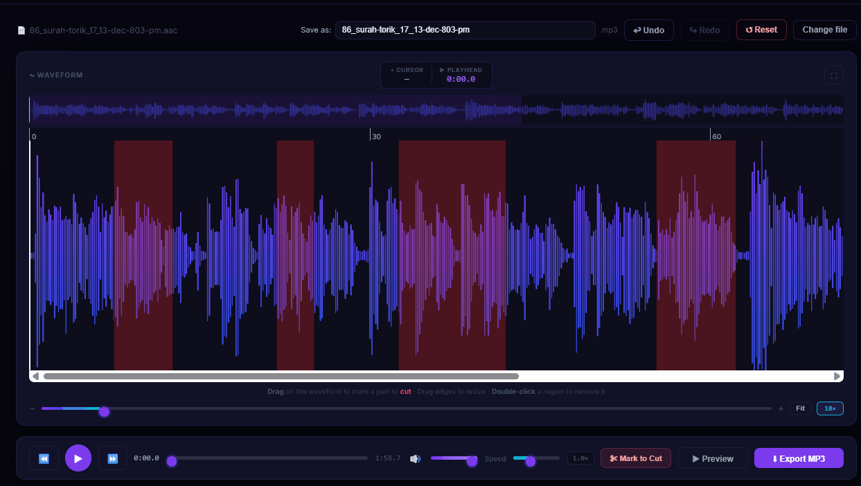 MP3 Studio waveform editor showing multiple cut regions on an audio file