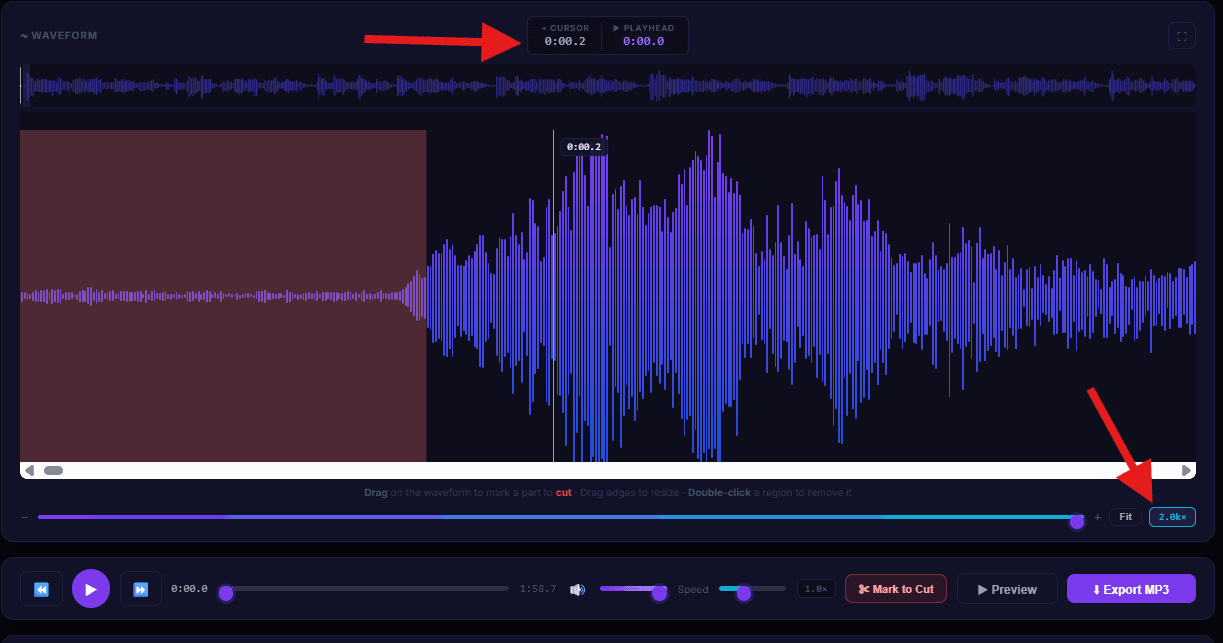 MP3 Studio zoomed in to 2000x precision showing exact waveform detail