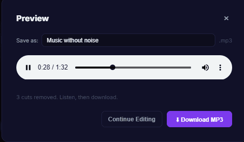 MP3 Studio preview modal showing playback controls before downloading